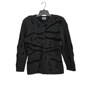 VTG 90s BEREK 2 Womens Black Chenille Tiger Beaded Knit Cardigan Sweater Medium